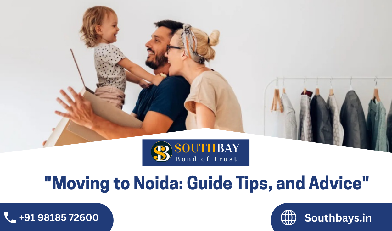 Illustration showing a young professional moving to Noida, with city skyline, job opportunities, apartment buildings, and cost-of-living icons