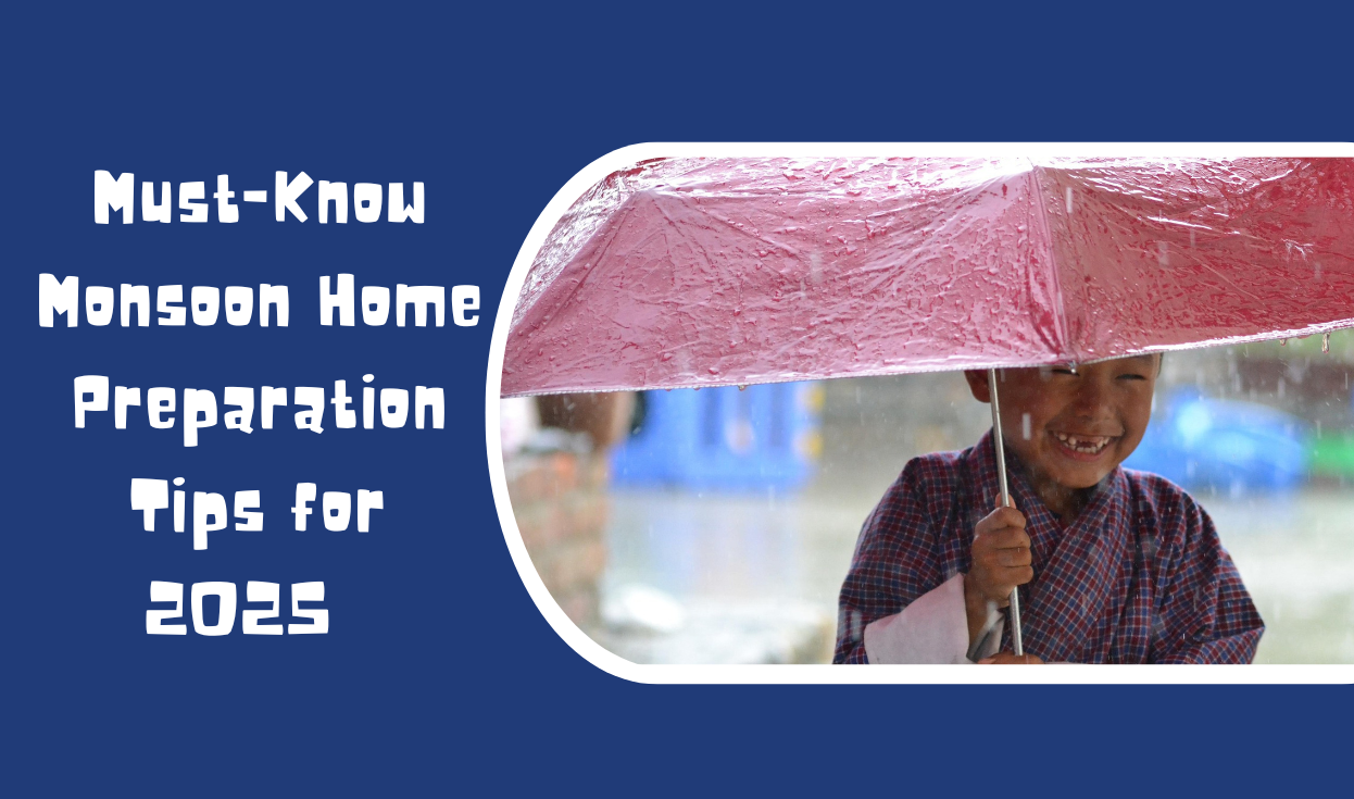 Illustration of a well-prepared home during the monsoon season with covered windows, waterproof roofing, and protected electrical fittings.