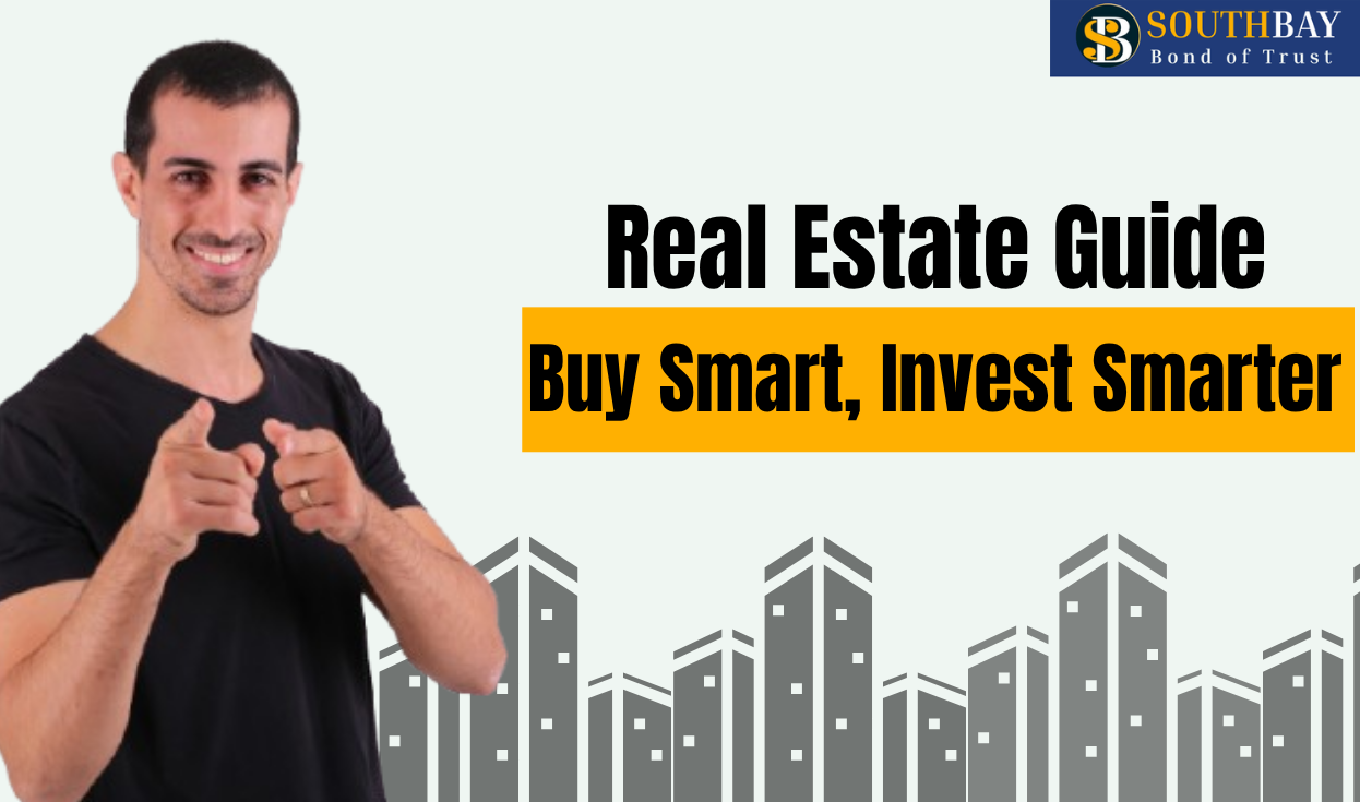 Man pointing towards the viewer with real estate guide text 