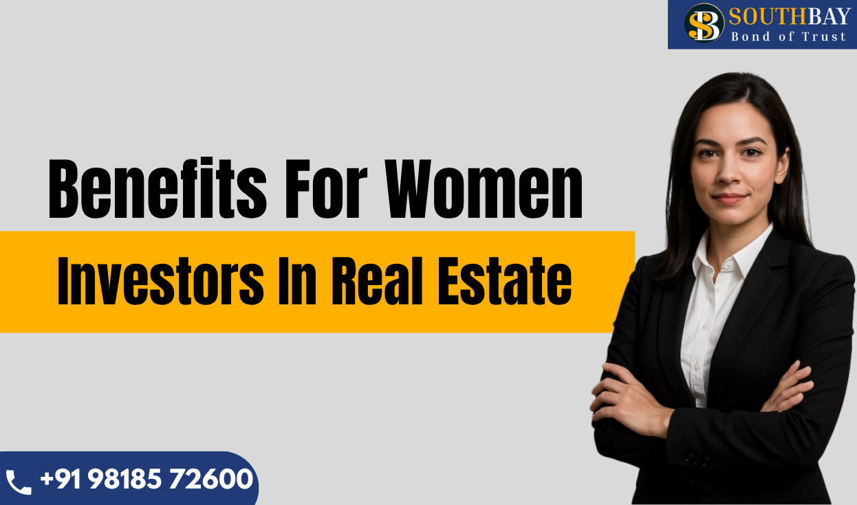 Professional woman in formal attire representing benefits for women investors in real estate, Southbay branding with contact number.